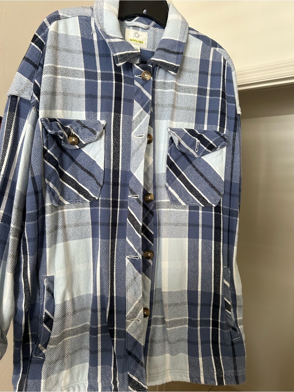 aerie Blue Plaid Button-Front Shirt Jacket